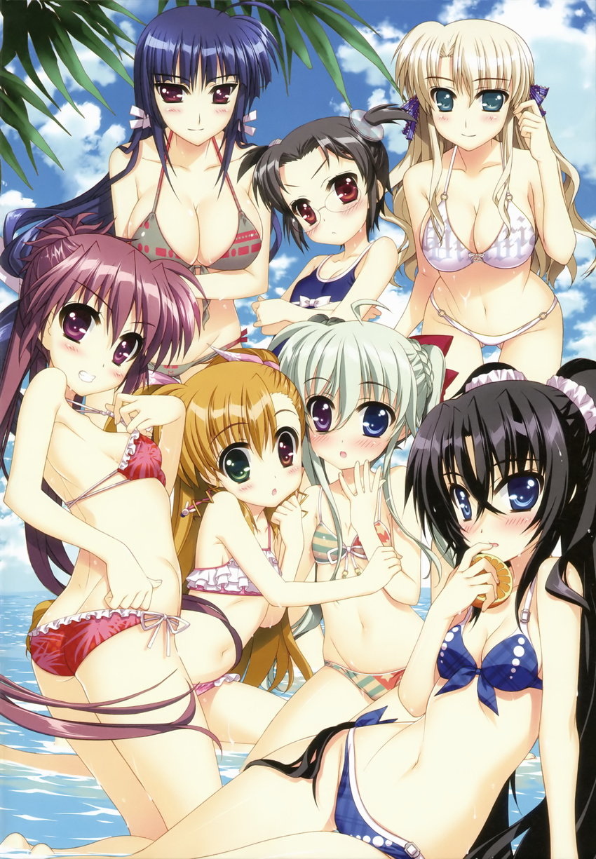 :o absurdres arm_grab arm_support ass beach bikini bikini_pull black_hair blonde_hair blue_eyes blush breasts cleavage crossed_arms day einhart_stratos els_tasmin finger_to_mouth flat_chest food frilled_bikini frills front-tie_top fruit fujima_takuya glasses green_eyes green_hair grin hair_ribbon harry_tribeca heterochromia highres large_breasts leaning_forward long_hair looking_at_viewer looking_back lyrical_nanoha mahou_shoujo_lyrical_nanoha_vivid micaiah_chevelle midriff multiple_girls navel o-ring o-ring_bottom o-ring_top official_art one-piece_swimsuit orange pulled_by_self purple_eyes purple_hair red_eyes red_hair ribbon scan scrunchie side-tie_bikini sieglinde_jeremiah small_breasts smile strap_lift swimsuit thigh_gap twintails very_long_hair victoria_dahlgrun vivio wet