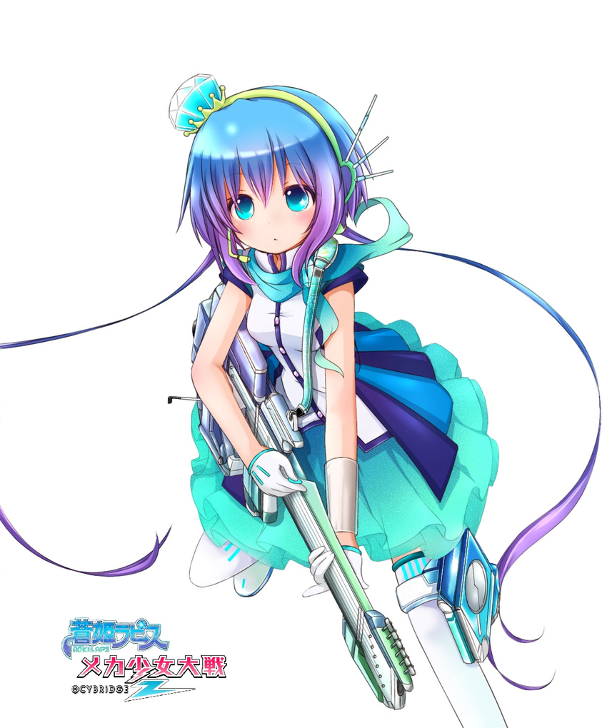 :&lt; akino_coto aoki_lapis blue_eyes blue_hair blush character_name dress electric_guitar gloves guitar hair_ornament headset highres instrument long_hair md5_mismatch mecha_shoujo_taisen_z multicolored_hair purple_hair solo thighhighs tourmaline very_long_hair vocaloid white_background white_legwear