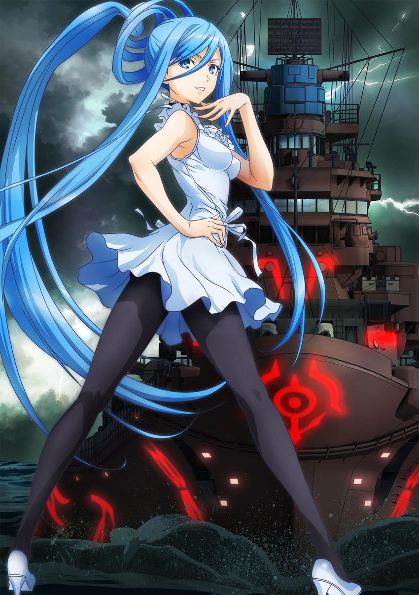 aoki_hagane_no_arpeggio battleship black_legwear blue_eyes blue_hair breasts choker dress highres legs long_hair medium_breasts military military_vehicle official_art pantyhose personification screencap ship sleeveless solo stitched takao_(aoki_hagane_no_arpeggio) third-party_edit very_long_hair warship water watercraft