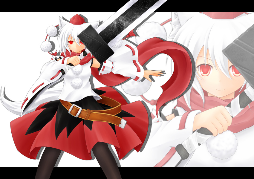 animal_ears baia black_legwear breasts detached_sleeves hat inubashiri_momiji letterboxed looking_at_viewer pantyhose red_eyes short_hair simple_background small_breasts smile solo sword tail tokin_hat touhou weapon white_background white_hair wolf_ears wolf_tail zoom_layer