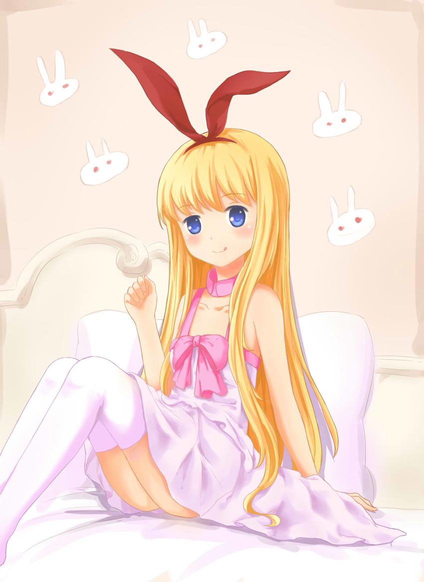 amae_koromo animal_print arm_support bad_id bad_pixiv_id bed blonde_hair blue_eyes blush bow bunny_print detached_collar dress flat_chest hairband hand_up highres leikangmin licking_lips long_hair looking_at_viewer pink_bow ribbon saki sitting smile solo thighhighs tongue tongue_out white_dress white_legwear white_pillow