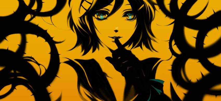 black_gloves blue_eyes bow finger_to_mouth fourthy gloves hair_between_eyes hair_ornament hairclip kagamine_rin long_hair looking_at_viewer monochrome ribbon sailor_collar short_hair sleeveless spot_color thorns upper_body vocaloid wrist_ribbon yellow yellow_background