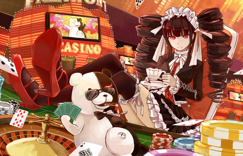 bear black_hair black_legwear bonnet bow bowtie card casino celestia_ludenberck cigar cup danganronpa danganronpa_1 drill_hair gothic_lolita high_heels legs_up lighter lolita_fashion long_hair monokuma necktie playing_card poker_chip red_eyes roulette saucer smile spark_(sandro) sunglasses teacup thighhighs twin_drills twintails