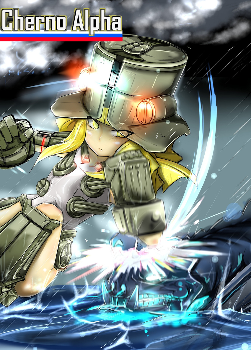 battle blonde_hair cherno_alpha flat_chest helmet highres kaijuu long_hair long_zi mecha_musume mechanical_arms ocean one-piece_swimsuit otachi pacific_rim personification punching rain russian_flag swimsuit white_swimsuit yellow_eyes