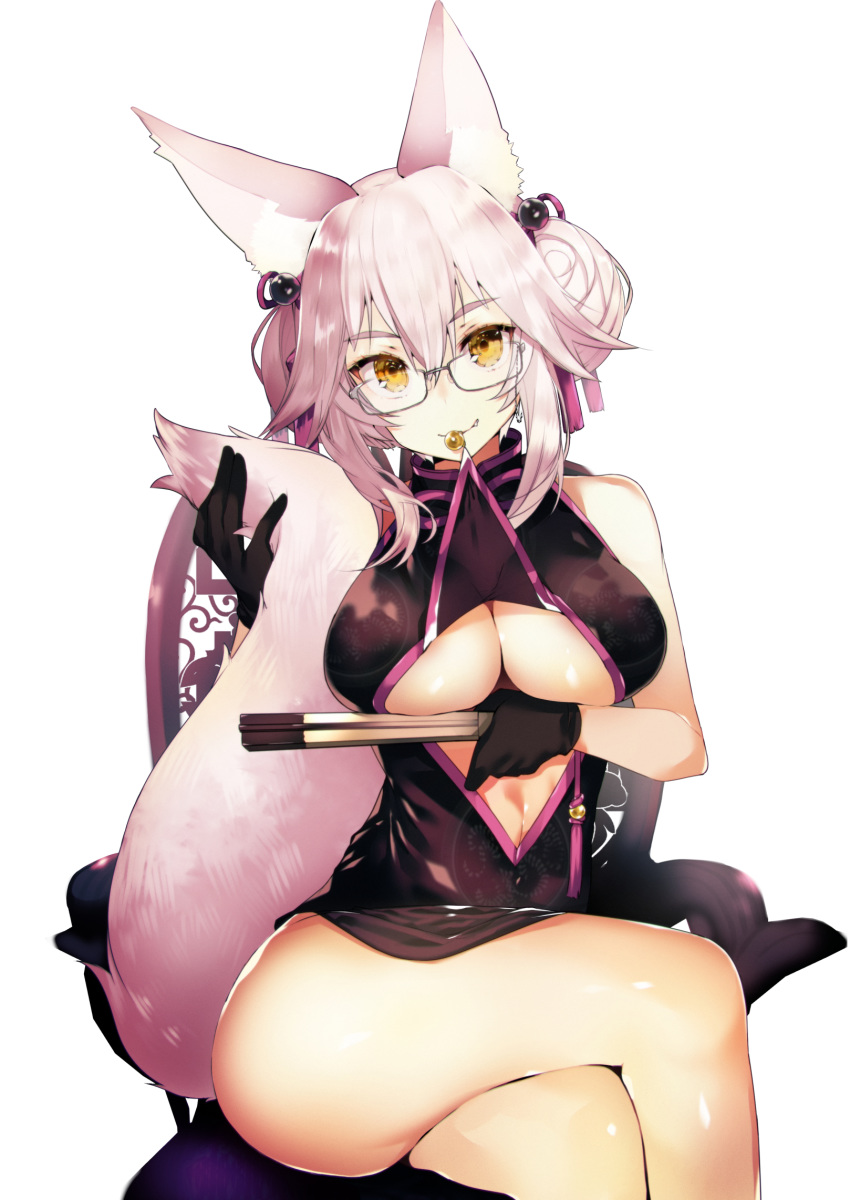 animal_ear_fluff animal_ears bangs bare_shoulders bell black_dress black_gloves blush breasts center_opening chair china_dress chinese_clothes closed_mouth dress fan fate/grand_order fate_(series) folding_fan fox_ears fox_girl fox_tail glasses gloves hair_between_eyes highres hips jingle_bell koyanskaya large_breasts long_hair looking_at_viewer mouth_hold navel pink_hair sidelocks simple_background sitting smile solo tail tassel tetsubuta thighs tied_hair underboob white_background yellow_eyes
