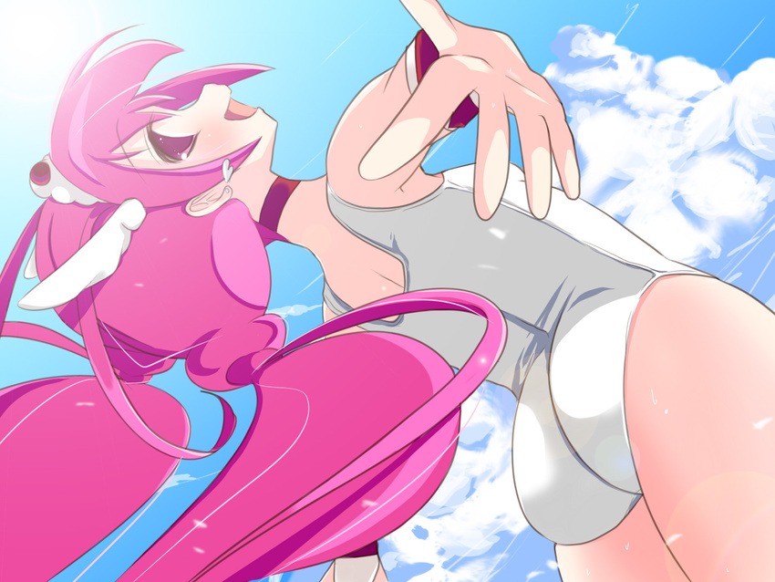 ass back choker cloud cure_happy day earrings g-mero head_wings highres hoshizora_miyuki jewelry long_hair looking_back magical_girl one-piece_swimsuit outstretched_arms pink_choker pink_eyes pink_hair precure school_swimsuit sky smile_precure! solo sunlight swimsuit tiara twintails white_school_swimsuit white_swimsuit