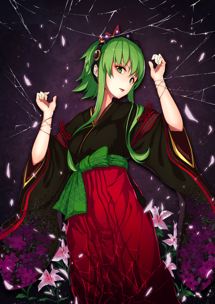 flower green_eyes green_hair gumi highres japanese_clothes kamome_yuu kimono long_hair looking_at_viewer restrained short_hair_with_long_locks sidelocks silk solo spider_web vocaloid