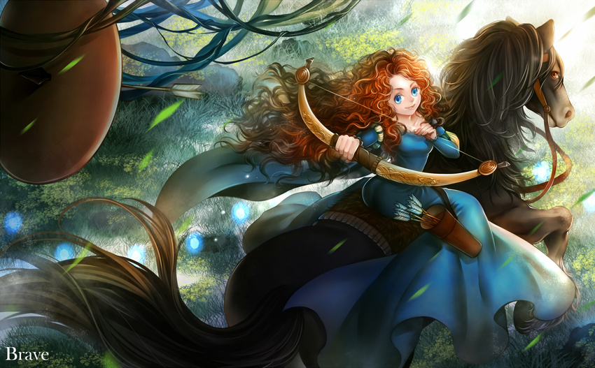 arrow blue_dress blue_eyes bow_(weapon) brave_(pixar) breasts closed_mouth copyright_name curly_hair day dkaki dress floating_hair from_above from_behind glowing grass highres holding holding_bow_(weapon) holding_weapon horse horseback_riding left-handed long_hair long_sleeves looking_at_viewer looking_back looking_up merida_(brave) motion_blur nature outstretched_arm plant practicing quiver red_hair riding small_breasts smile target_practice very_long_hair vines weapon wind