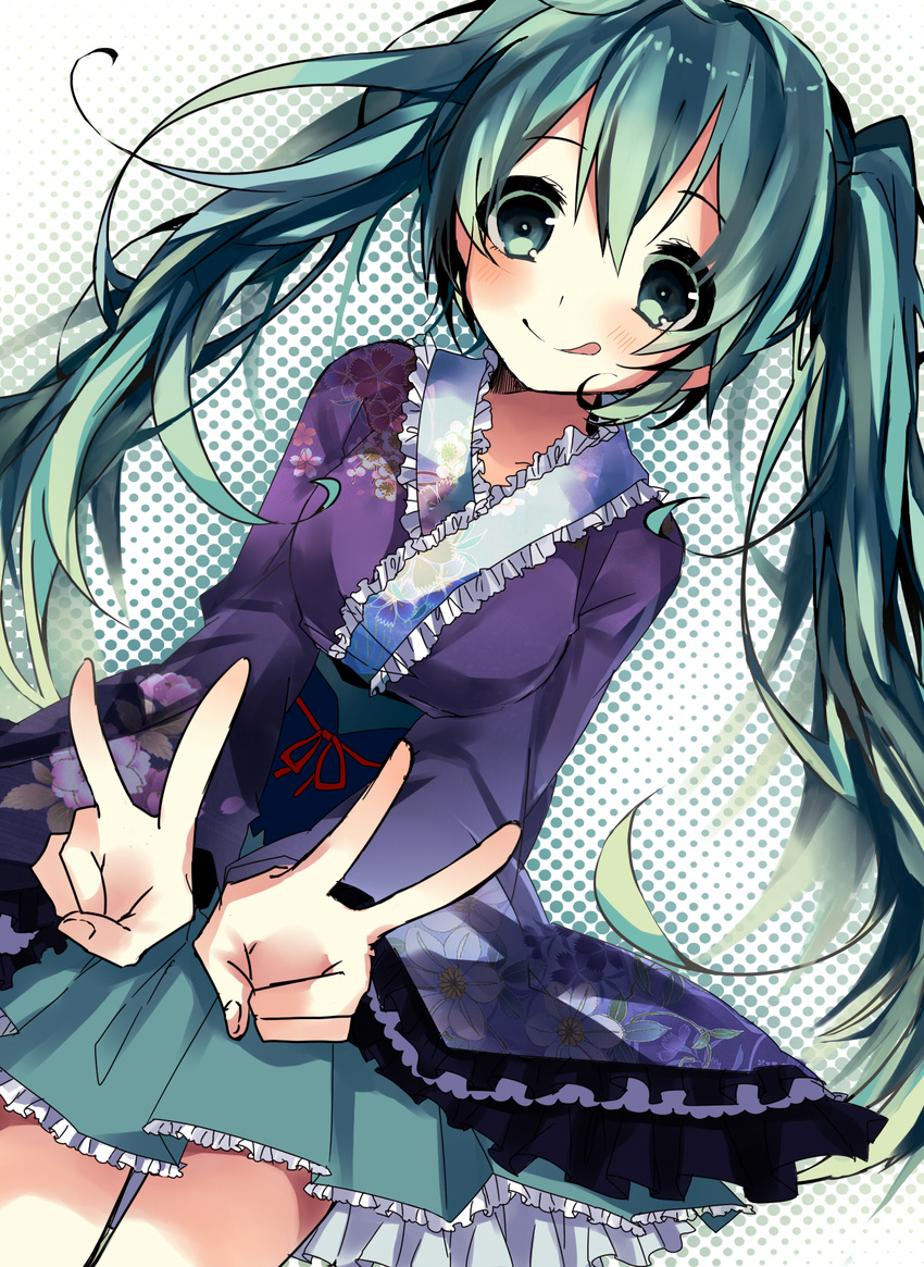 :q alternate_costume bad_id bad_pixiv_id double_v green_eyes green_hair hatsune_miku highres long_hair skirt smile solo tongue tongue_out twintails v vocaloid yamori_shiki