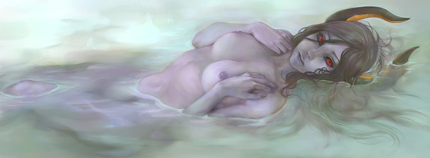 black_hair black_sclera blue_skin breasts demon_girl flootier hands_on_own_chest lips nipples nude partially_submerged red_eyes skinny_dipping small_breasts solo summon_night summon_night_5 swimming water