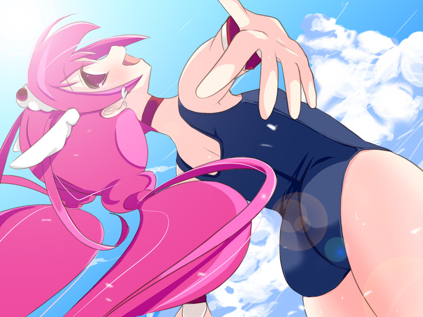 ass back choker cloud cure_happy day earrings g-mero head_wings highres hoshizora_miyuki jewelry long_hair looking_back magical_girl one-piece_swimsuit outstretched_arms pink_choker pink_eyes pink_hair precure school_swimsuit sky smile_precure! solo sunlight swimsuit tiara twintails