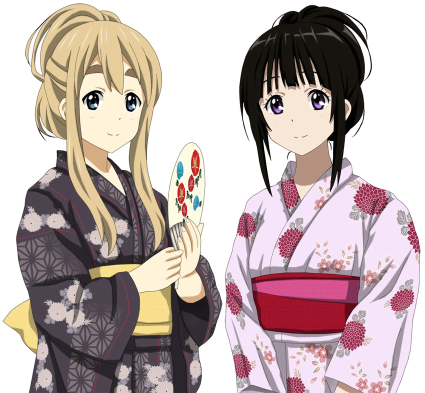 alternate_hairstyle black_hair blonde_hair blue_eyes chitanda_eru company_connection cp9a crossover eyelashes fan floral_print hyouka japanese_clothes k-on! kimono kotobuki_tsumugi kyoto_animation long_hair looking_at_viewer multiple_girls paper_fan ponytail purple_eyes simple_background smile uchiwa white_background