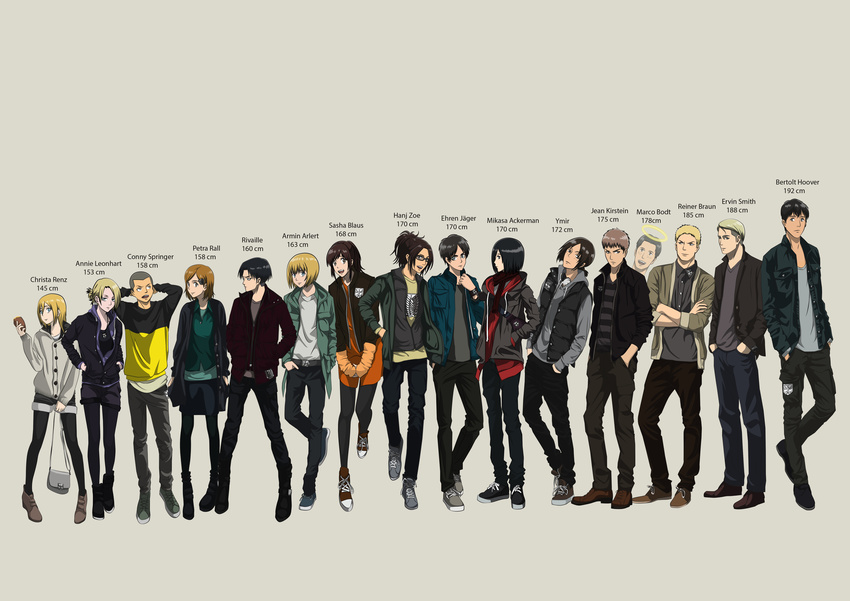 6+girls absurdres annie_leonhardt armin_arlert arms_behind_head bag bertolt_hoover black_hair black_legwear blonde_hair blue_eyes brown_hair buzz_cut character_name christa_renz connie_springer contemporary cross-laced_footwear crossed_arms eren_yeager erwin_smith fashion food freckles glasses green_eyes hair_ornament halo handbag hands_in_pockets hange_zoe headphones height_chart highres jean_kirchstein legwear_under_shorts levi_(shingeki_no_kyojin) lineup long_sleeves marco_bodt mikasa_ackerman multiple_boys multiple_girls open_mouth pants pantyhose petra_ral pocket ponytail potato reiner_braun sasha_braus scarf shingeki_no_kyojin shirt shoes shorts silver_eyes silver_hair siya_ho skirt sneakers spoilers standing vest wristband ymir_(shingeki_no_kyojin)