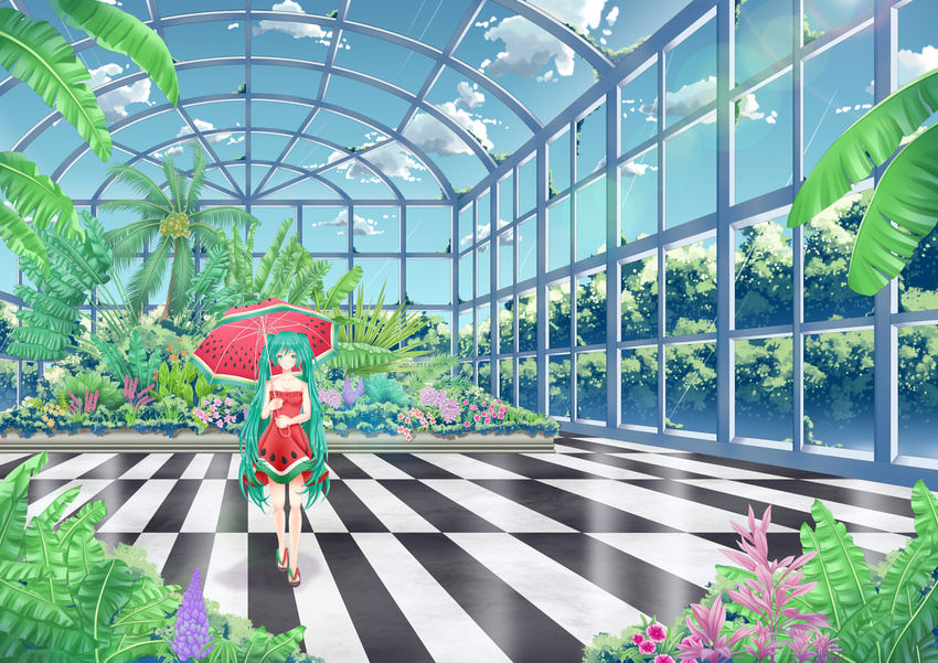 bad_id bad_pixiv_id checkered checkered_floor cloud day dress flower food_print green_eyes green_hair greenhouse hatsune_miku highres long_hair moyiche plant sandals sky solo strapless strapless_dress twintails umbrella vanishing_point very_long_hair vocaloid watermelon_print wide_shot