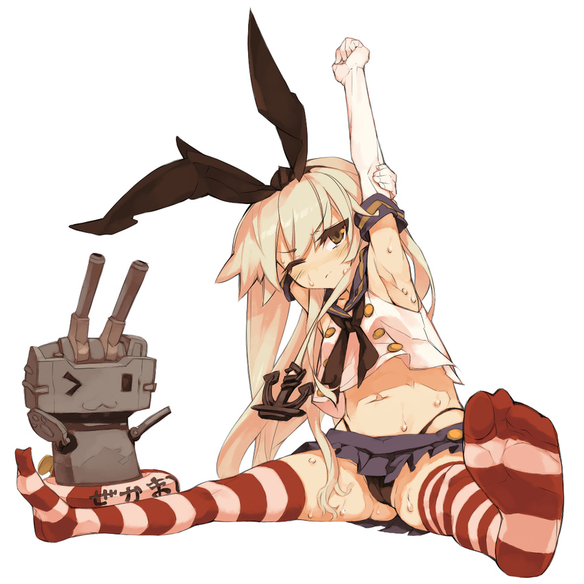 ;3 arm_up armpits black_panties blonde_hair brown_eyes elbow_gloves feet foreshortening full_body gloves hairband highres itsukia kantai_collection lifebuoy long_hair midriff navel one_eye_closed panties rensouhou-chan shimakaze_(kantai_collection) simple_background sitting skirt solo spread_legs stretch striped striped_legwear sweat thighhighs underwear white_background wince