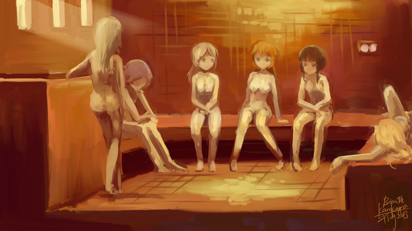 aleksandra_i_pokryshkin blonde_hair braid brave_witches brown_eyes brown_hair cecilia_e_harris charlotte_e_yeager dated highres kanokoga katharine_ohare long_hair lying marian_e_carl multiple_girls noble_witches nude orange_hair painterly sauna short_hair signature sitting standing strike_witches takei_junko world_witches_series