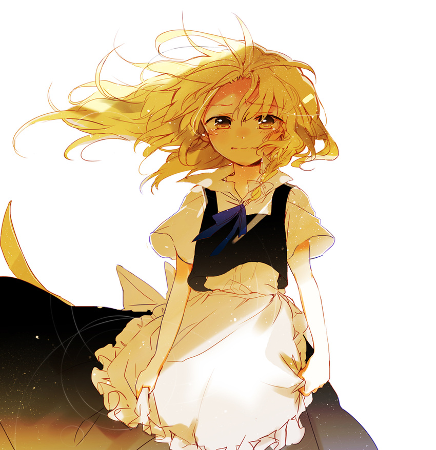 apron_grab bad_id bad_pixiv_id blonde_hair clothes_grab crying highres kirisame_marisa messy_hair no_hat no_headwear poprication sad simple_background solo tears touhou white_background yellow_eyes