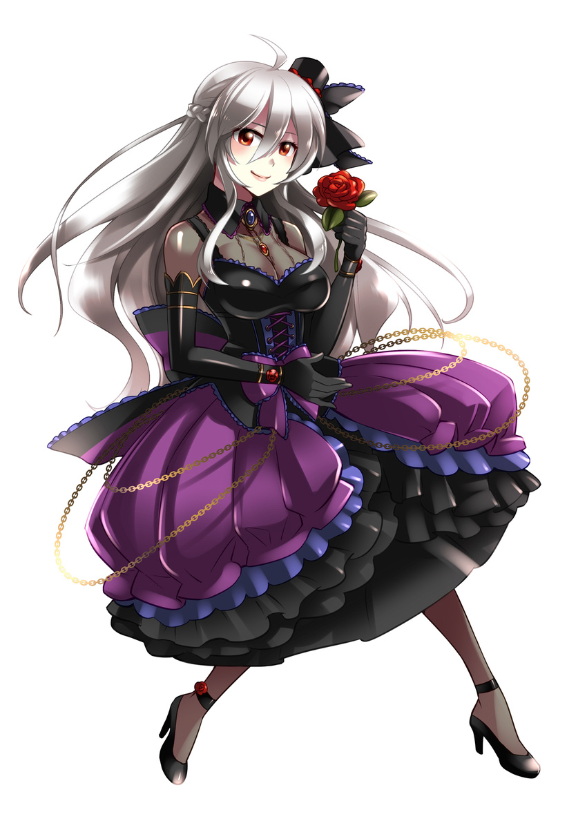 ahoge braid breasts brooch caffein chain cleavage dress elbow_gloves flower gloves gothic_purple_(module) hat highres jewelry large_breasts long_hair looking_at_viewer pantyhose project_diva_(series) project_diva_extend red_eyes rose silver_hair smile solo very_long_hair vocaloid voyakiloid yowane_haku