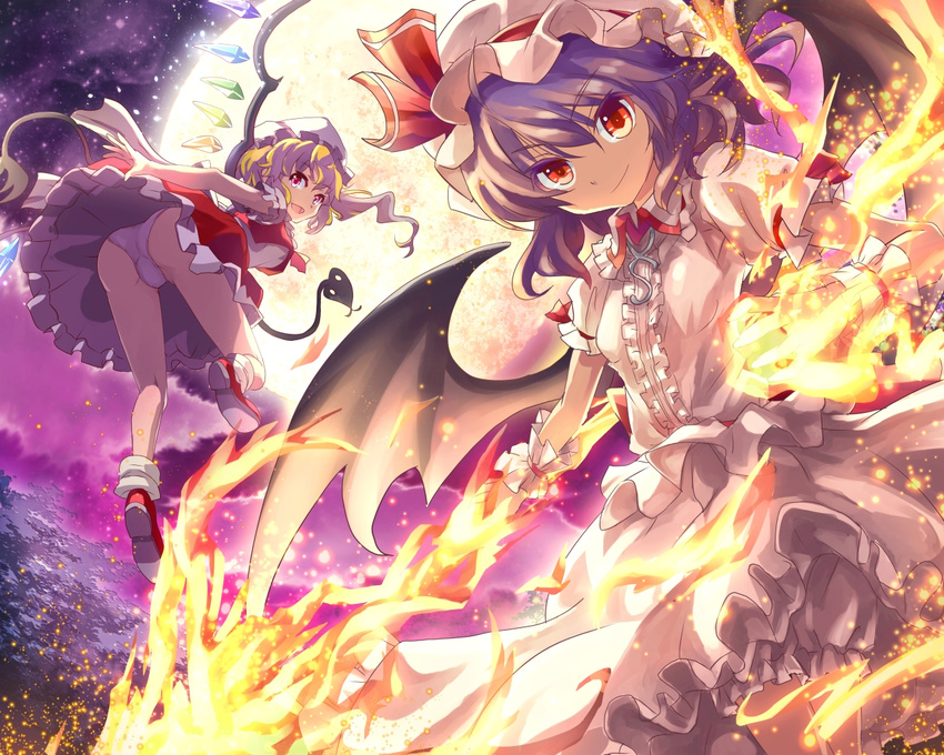 ascot ass bare_legs bat_wings blonde_hair flandre_scarlet full_moon hat k2pudding laevatein lavender_hair looking_back mob_cap moon multiple_girls open_mouth panties red_eyes remilia_scarlet short_hair side_ponytail skirt skirt_set smile spear_the_gungnir touhou underwear upskirt white_panties wings wrist_cuffs