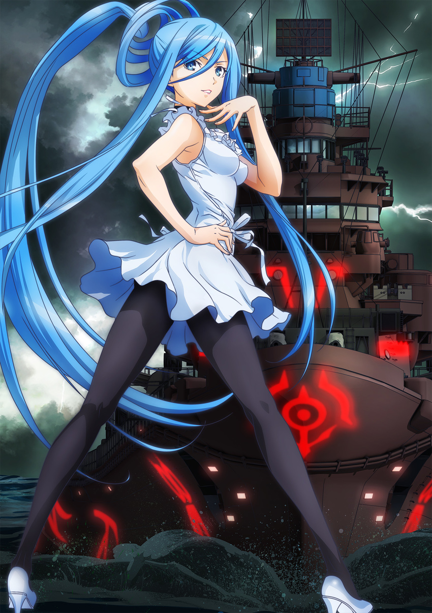 aoki_hagane_no_arpeggio black_legwear blue_eyes blue_hair breasts choker dress highres legs long_hair medium_breasts military military_vehicle official_art pantyhose personification ship sleeveless solo takao_(aoki_hagane_no_arpeggio) very_long_hair warship water watercraft