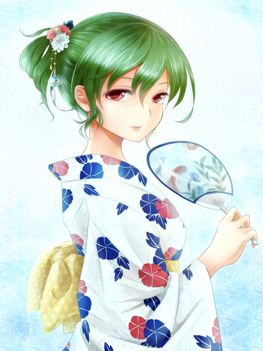 alternate_hairstyle asa_no_ha_(pattern) fan green_hair hair_ornament highres japanese_clothes kanzashi kazami_yuuka kimono paper_fan red_eyes shironeko_yuuki short_hair solo touhou uchiwa yukata