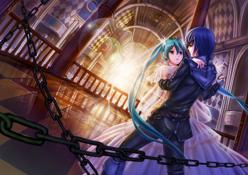 1girl aqua_eyes aqua_hair belt blue_eyes blue_hair cantarella_(vocaloid) chain crazypen dress gloves hatsune_miku holding_hands kaito long_hair reflection twintails very_long_hair vocaloid