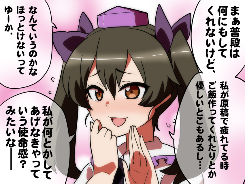 blush brown_eyes brown_hair hat himekaidou_hatate jeno open_mouth smile smirk solo tokin_hat touhou translation_request twintails