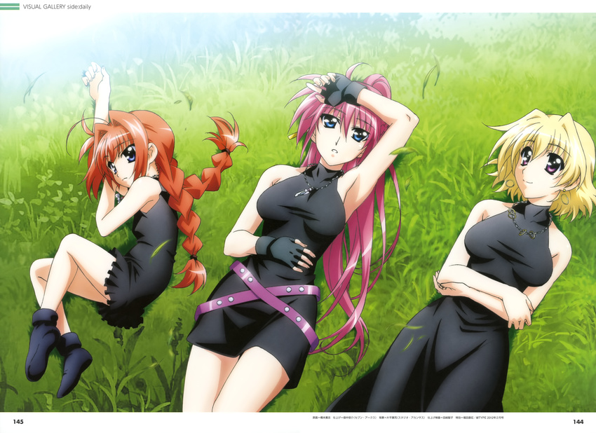 absurdres armpits black_dress blonde_hair blue_eyes braid crossed_arms dress fingerless_gloves gloves graf_eisen grass hand_on_forehead hashimoto_takayoshi highres jewelry klarwind levantine long_hair lying lyrical_nanoha mahou_shoujo_lyrical_nanoha mahou_shoujo_lyrical_nanoha_a's mahou_shoujo_lyrical_nanoha_the_movie_2nd_a's multiple_girls necklace official_art pink_hair ponytail purple_eyes red_hair shamal short_hair signum twin_braids vita