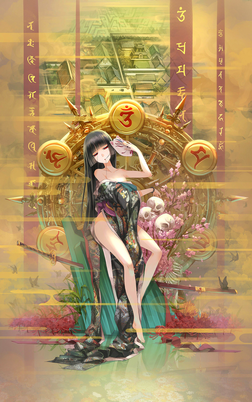 bangs bare_legs barefoot black_hair blunt_bangs bug butterfly cherry_blossoms enma_ai highres hime_cut insect japanese_clothes jigoku_shoujo katana kimono long_hair madcocoon mask red_eyes siddham silk sitting skull spider_web sword weapon