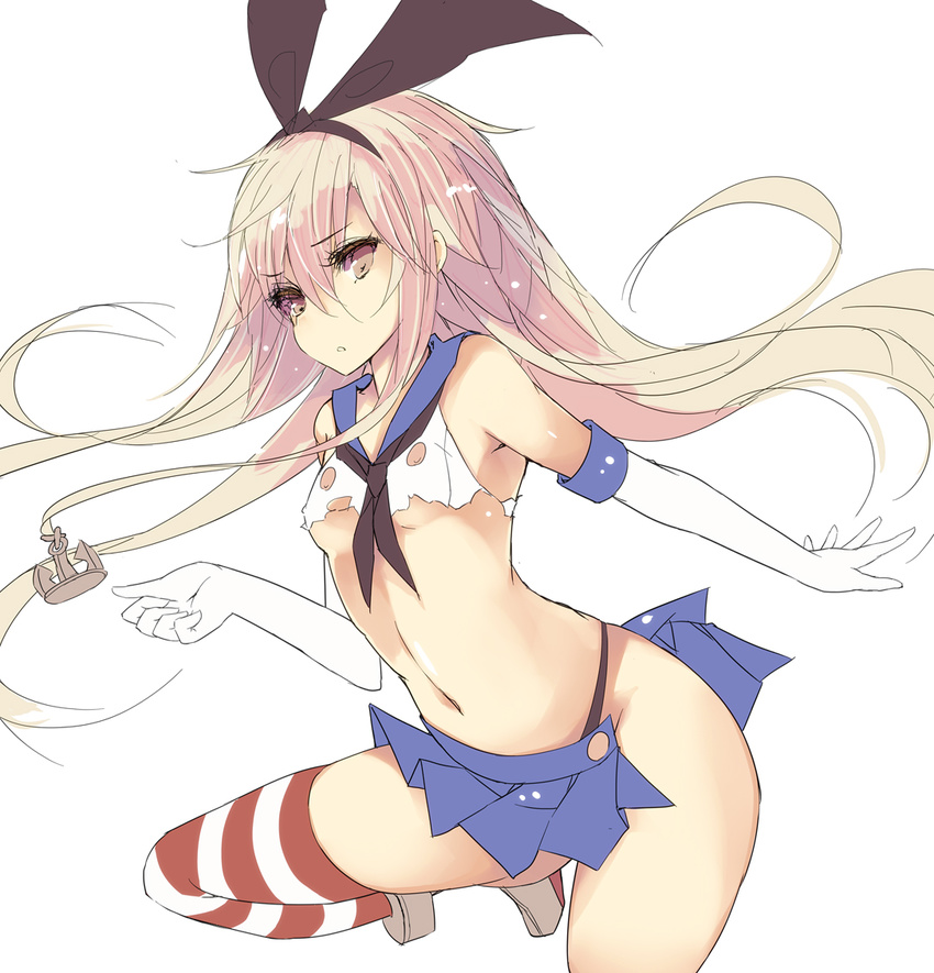 anchor anchor_hair_ornament black_panties blonde_hair blush breasts brown_eyes elbow_gloves gloves hair_ornament hairband highleg highleg_panties kantai_collection long_hair looking_at_viewer minchi_(lordofthemince) navel open_mouth panties shimakaze_(kantai_collection) simple_background sketch skirt small_breasts solo striped striped_legwear thighhighs torn_clothes underwear white_background white_gloves