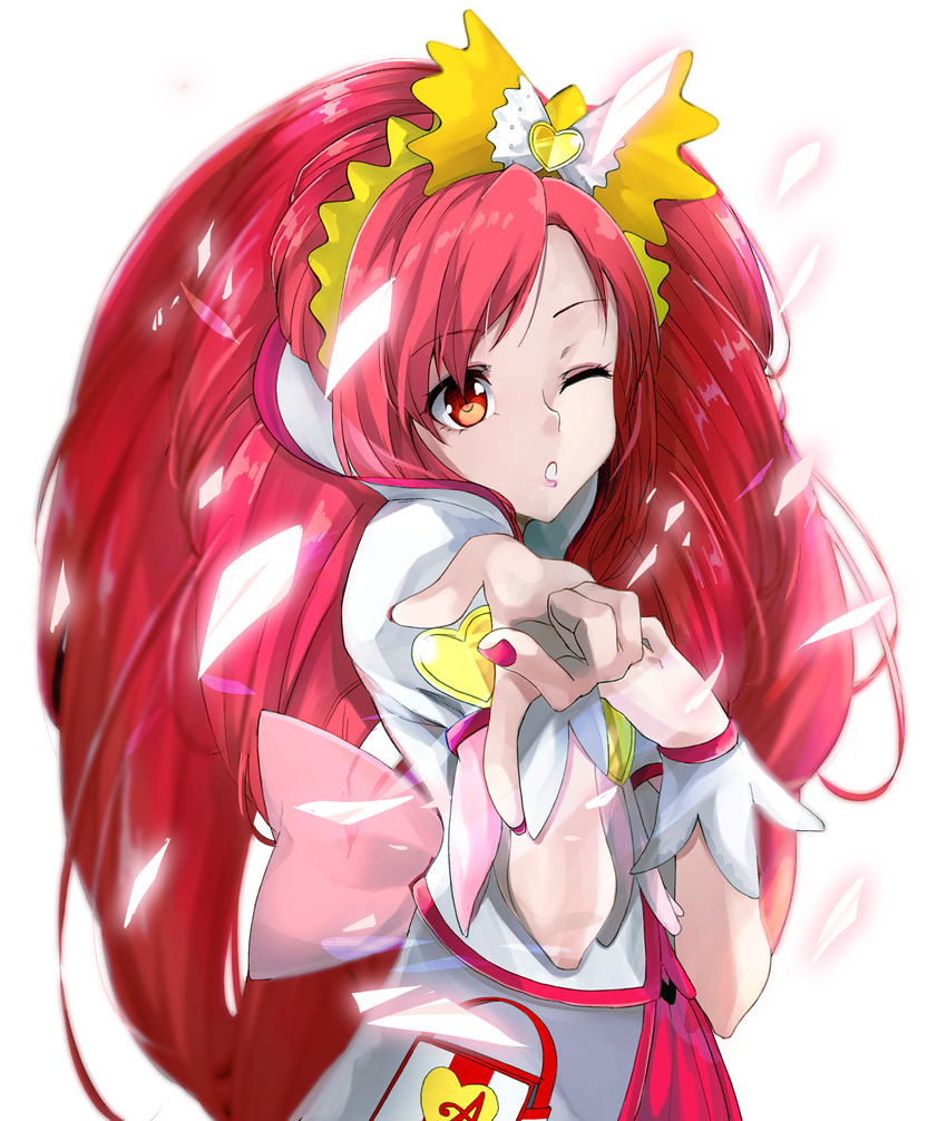 cure_ace dokidoki!_precure hand_on_own_chest highres long_hair madoka_aguri one_eye_closed petals pointing precure red_eyes red_hair simple_background solo white_background yuki_(nanao_yuki)