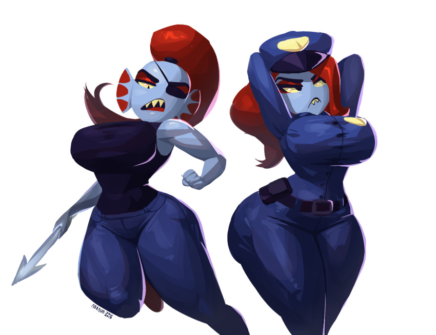 alpha_channel big_breasts breasts clothing deltarune duo eye_patch eyewear female hair humanoid marine melee_weapon noonun polearm police police_hat police_officer police_uniform ponytail red_hair spear thick_thighs tight_clothing undertale undyne uniform video_games weapon wide_hips