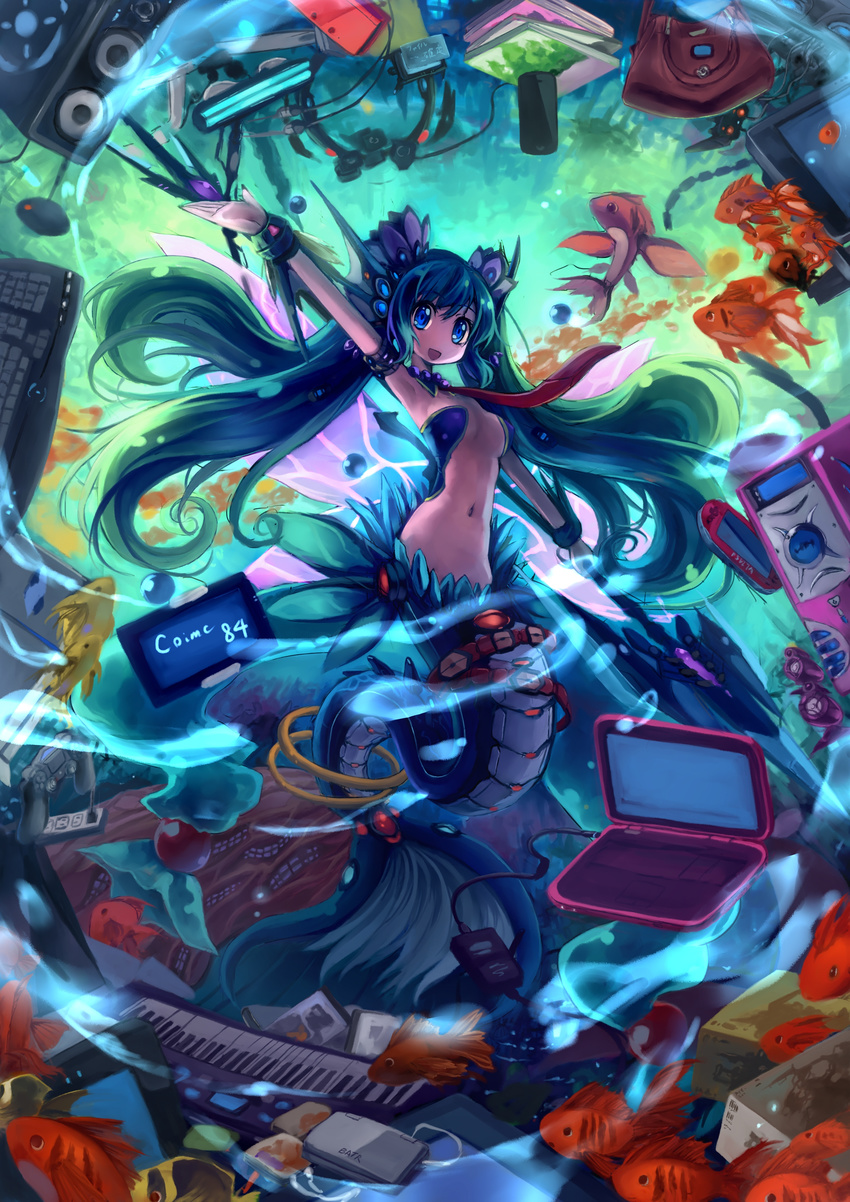 :d absurdres bag blue_eyes blue_hair comiket computer controller fish game_console game_controller handheld_game_console highres hoshi_no_gen instrument keyboard_(computer) keyboard_(instrument) laptop long_hair mermaid monster_girl nintendo_3ds no_nose open_mouth original playstation_4 playstation_vita smile solo twintails typo underwater