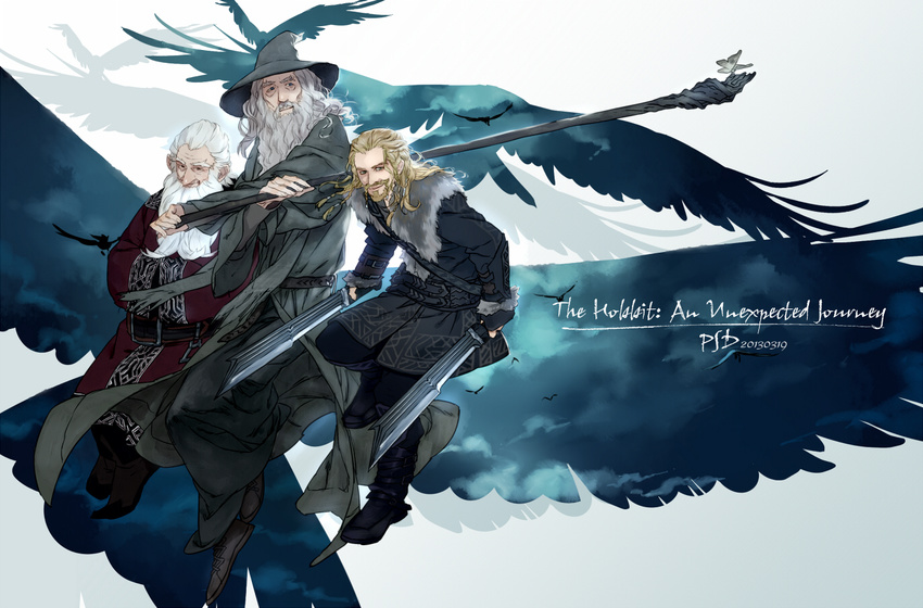 balin beard bird blonde_hair braid braided_beard dual_wielding dwarf eagle facial_hair fili gandalf grey_hair hat holding male_focus multiple_boys psd staff the_hobbit white_hair wizard_hat