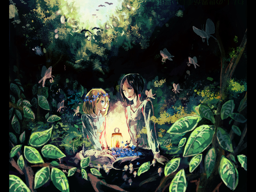 black_hair blonde_hair bug butterfly christa_renz flower forest insect lamp leaf multiple_girls mushroom n1on nature pillarboxed shingeki_no_kyojin short_hair sitting wreath ymir_(shingeki_no_kyojin)