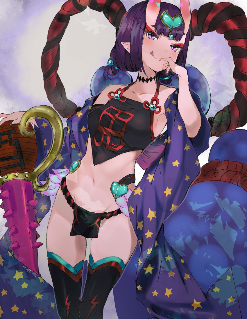 1girl :q black_legwear blush breasts commentary english_commentary eyebrows_visible_through_hair eyeshadow fate/grand_order fate_(series) gourd hand_up highres holding horns japanese_clothes kimono looking_at_viewer makeup mochii navel oni oni_horns pelvic_curtain pointy_ears purple_eyes purple_hair purple_kimono short_hair shuten_douji_(halloween)_(fate) small_breasts smile solo standing thighhighs tongue tongue_out