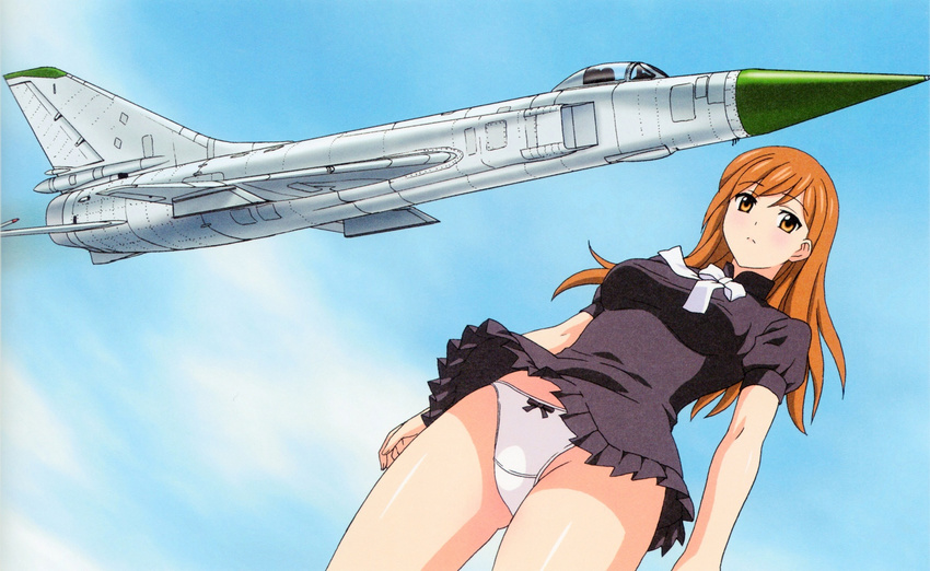 1girl airplane blue_sky delmo long_hair looking_at_viewer official_art panties pantyshot ribbon serious short_dress skirt sky su-15 sukhoi tobimono_girls underwear upskirt wind yamauchi_noriyasu