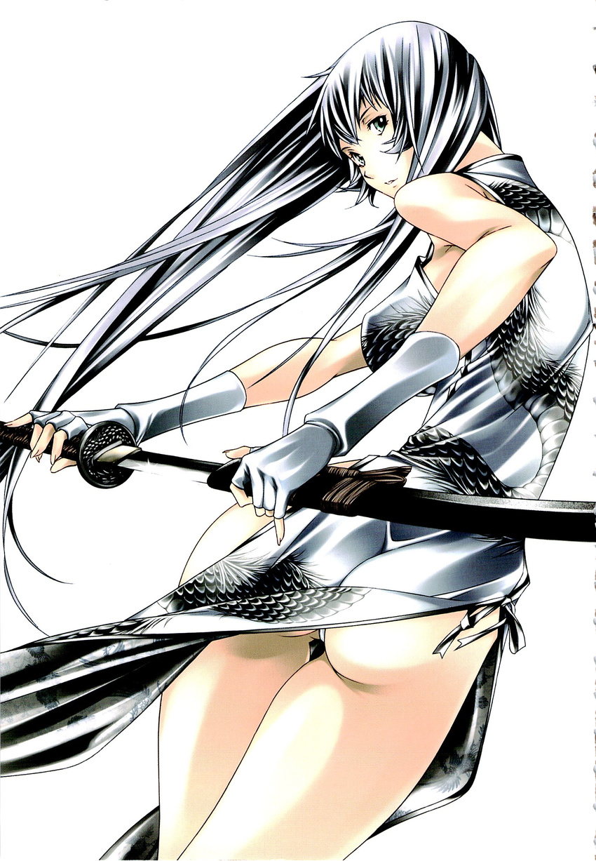 1girl ass back breasts chouun_shiryuu highres ikkitousen katana large_breasts long_hair panties solo standing sword underwear weapon white_hair