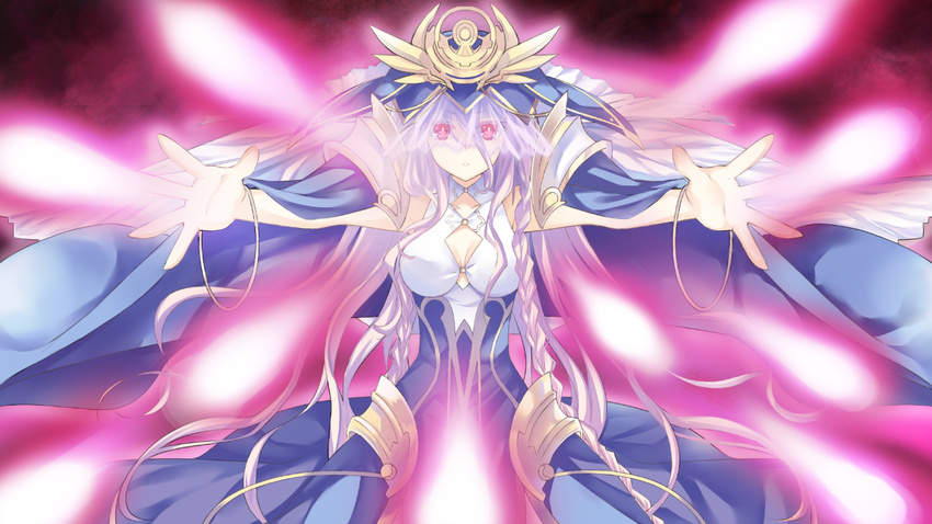 beam blonde_hair blue_dress braid breasts cape cleavage date_a_live dress energy_beam energy_blast game_cg hat headpiece long_hair looking_at_viewer medium_breasts outstretched_arms purple_hair red_eyes solo sonogami_rinne spread_fingers tiara tsunako twin_braids veil