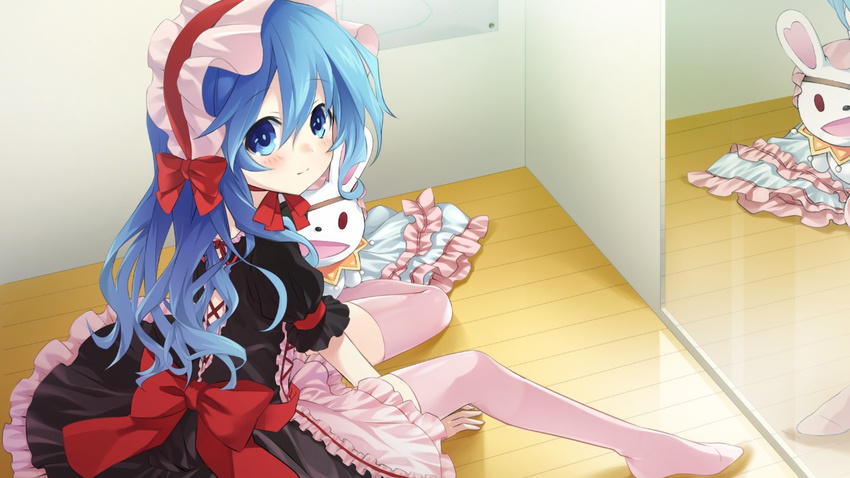 1girl alternate_costume animal_ears blue_eyes blue_hair bow bunny bunny_ears date_a_live dress eyepatch game_cg hairband hand_puppet lolita_fashion lolita_hairband long_hair looking_at_viewer mirror pink_legwear puppet reflection ribbon sitting solo stuffed_animal stuffed_bunny stuffed_toy thighhighs tsunako yoshino_(date_a_live) yoshinon