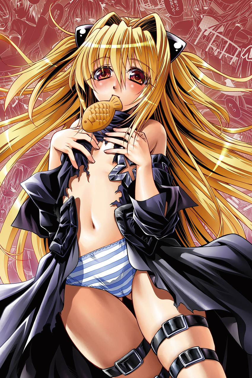 bare_shoulders blonde_hair blush buckle chocola_(artist) detached_sleeves food hair_ornament highres konjiki_no_yami long_hair mouth_hold navel panties red_eyes solo striped striped_panties taiyaki thigh_strap to_love-ru torn_clothes underwear very_long_hair wagashi