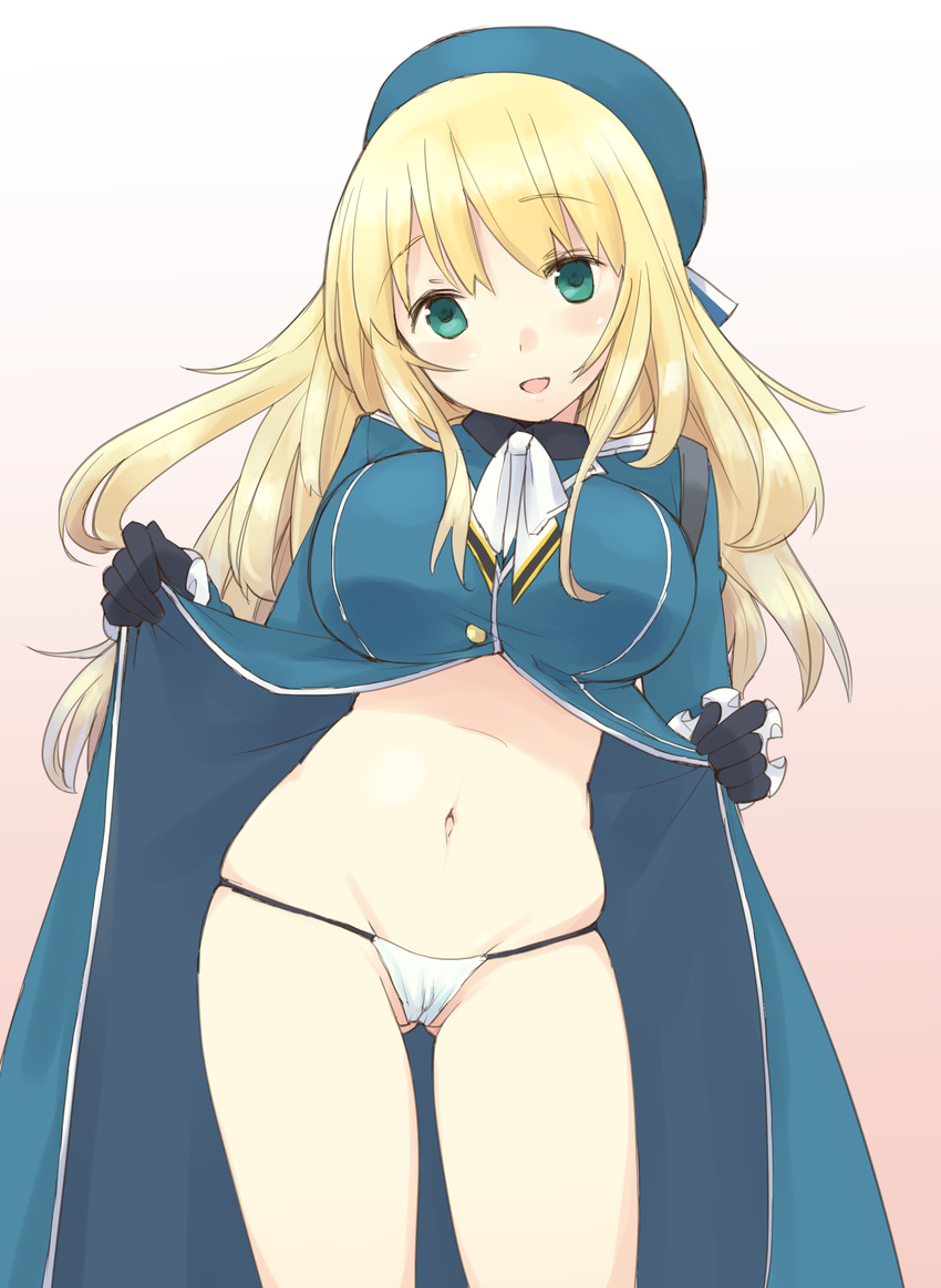 atago_(kantai_collection) bad_id bad_pixiv_id black_gloves blonde_hair blue_hat blush breasts chita gloves green_eyes hat highres kantai_collection large_breasts long_hair looking_at_viewer military military_uniform navel panties smile solo underwear uniform white_panties