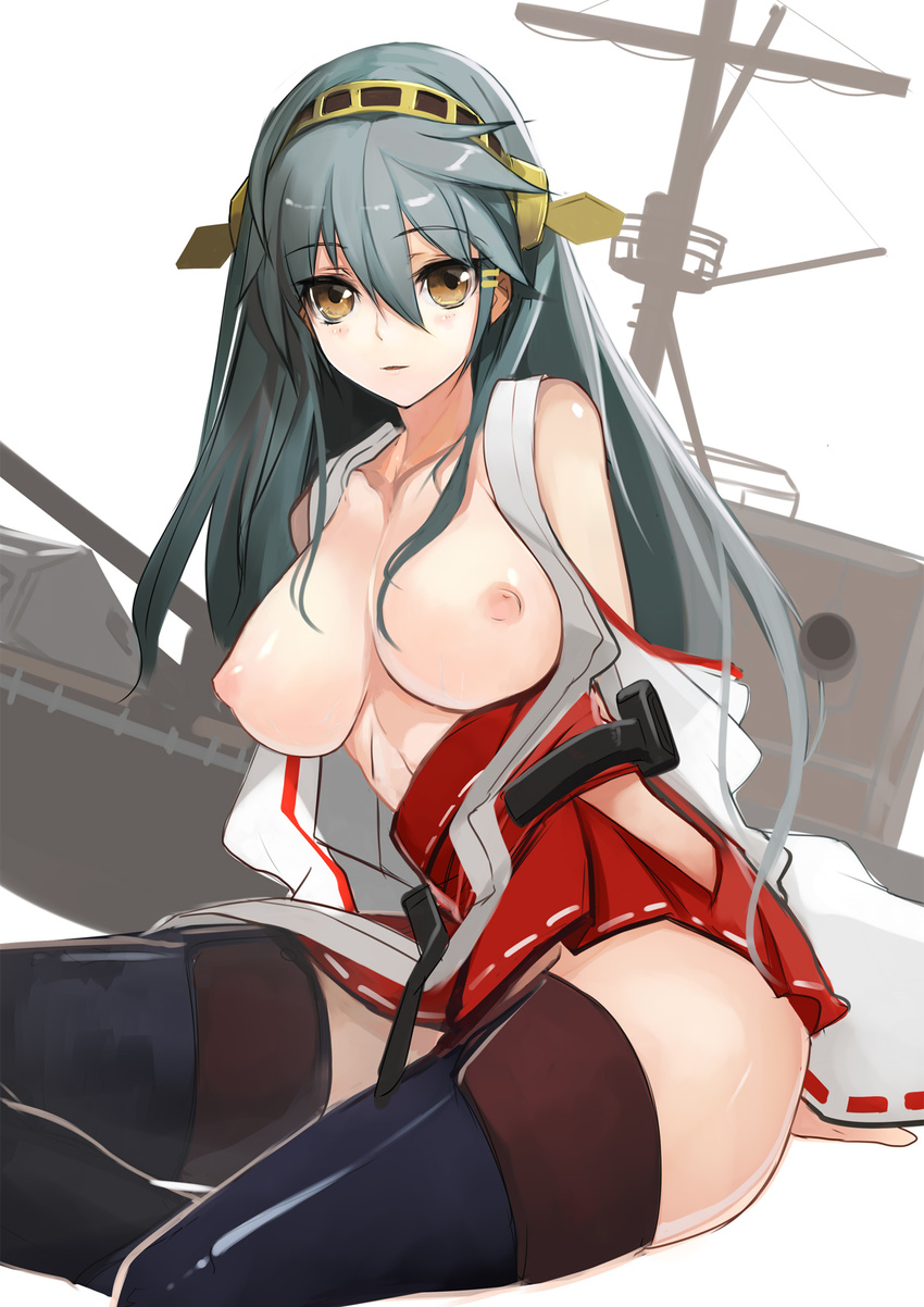 bare_shoulders black_legwear breasts brown_eyes detached_sleeves green_hair hair_ornament hairband hairclip haruna_(kantai_collection) highres japanese_clothes kantai_collection large_breasts long_hair looking_at_viewer nipples pupps silhouette sitting sketch solo thighhighs wide_sleeves