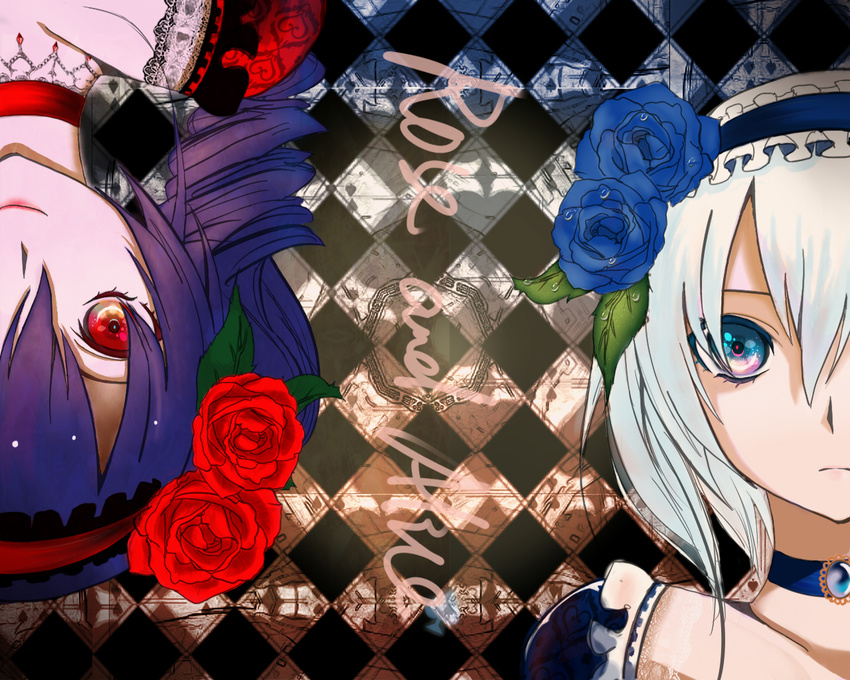 bad_id bad_pixiv_id blue_eyes checkered checkered_background choker diela drill_hair flower hairband jewelry lolita_fashion lolita_hairband multiple_girls original purple_hair red_eyes rose smile white_hair