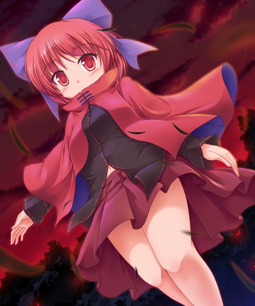 blush bow cape hair_bow highres legs looking_at_viewer lzh navel red_eyes red_hair red_sky sekibanki short_hair skirt sky smile solo touhou