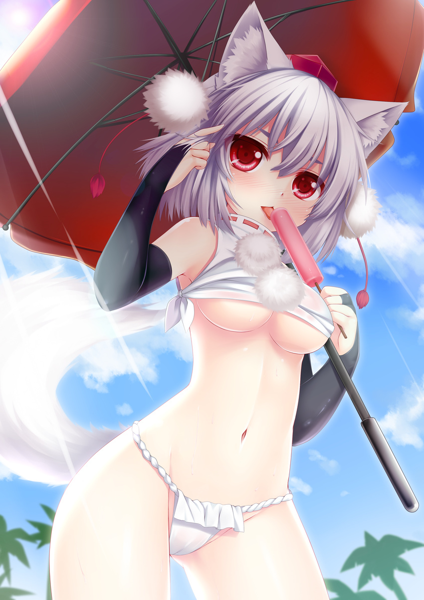 :p absurdres animal_ears blush breasts bridal_gauntlets food fundoshi hat highres inubashiri_momiji japanese_clothes looking_at_viewer medium_breasts navel popsicle red_eyes short_hair solo sunlight tail tokin_hat tongue tongue_out touhou umbrella underboob white_hair wolf_ears wolf_tail wolflong