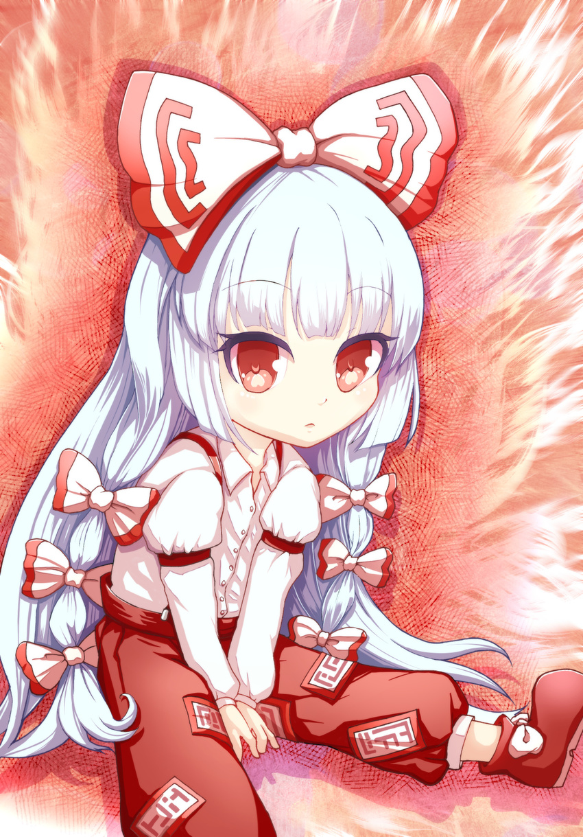 armband bow chibi fiery_background fire fujiwara_no_mokou furim hair_bow highres hime_cut long_hair long_sleeves looking_at_viewer no_socks ofuda pants red_background red_eyes shoes silver_hair sitting solo suspenders touhou very_long_hair