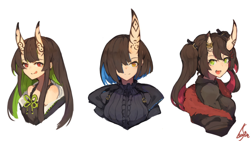 3girls :d :q bangs bare_shoulders black_jacket black_shirt blue_hair breasts brown_hair camisole closed_mouth collared_shirt cropped_torso fang frills from_side fur_trim green_eyes green_hair green_ribbon hair_ornament hairclip highres horn jacket lansane long_hair looking_at_viewer looking_to_the_side medium_breasts multicolored_hair multiple_girls off_shoulder oni_horns open_mouth original red_hair ribbon shirt short_hair sidelocks signature simple_background sleeveless sleeveless_shirt smile tongue tongue_out twintails two-tone_hair white_background