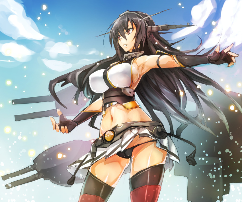bare_shoulders black_gloves black_hair black_panties breasts elbow_gloves fingerless_gloves gloves hair_ornament highres kantai_collection large_breasts long_hair lowleg lowleg_panties md5_mismatch miniskirt nagato_(kantai_collection) navel panties red_eyes skirt solo taishi_(picchiridou) thighhighs underwear