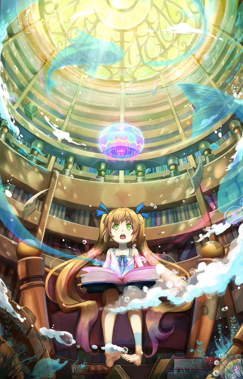 absurdres barefoot book brown_hair darkers dress fish green_eyes highres jellyfish library long_hair looking_up original sitting solo twintails underwater very_long_hair